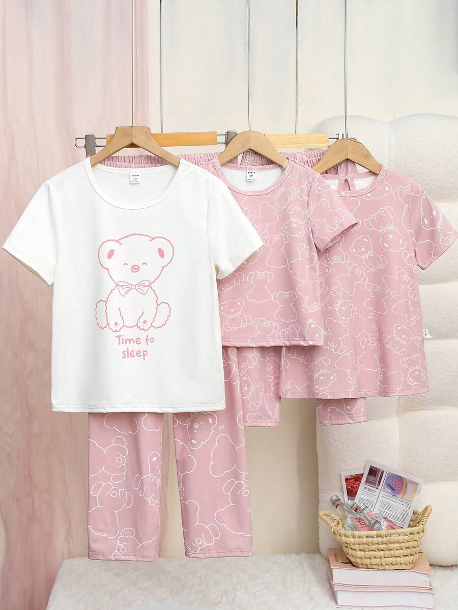 Baby Girl Sweet Cute Bear Print Long Nightgown, Short Sleeve, Sleepwear, Family Matching - Pink - View 1