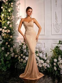 Glamrae 优雅闪亮杏色水钻点缀美人鱼风格长裙，适合正式晚会和庆典