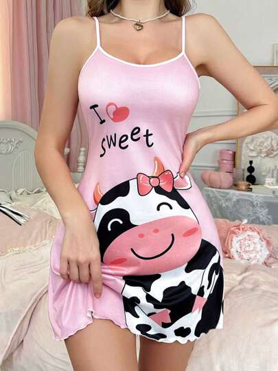 Women Cute Cow & Heart Print Nightgown Babydoll Holiday Season