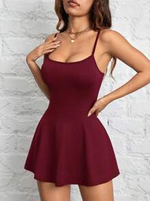 SHEIN PETITE Women's Sling A Hem Solid Color Pocketable Sports And Leisure Daily Anti-Exposure One-Piece Culottes - Burgundy - View 6