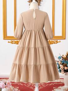 Young Girl Plant Print V-Neck Lantern Sleeve Ruffle Hem A-Line Dress - Apricot - View 2