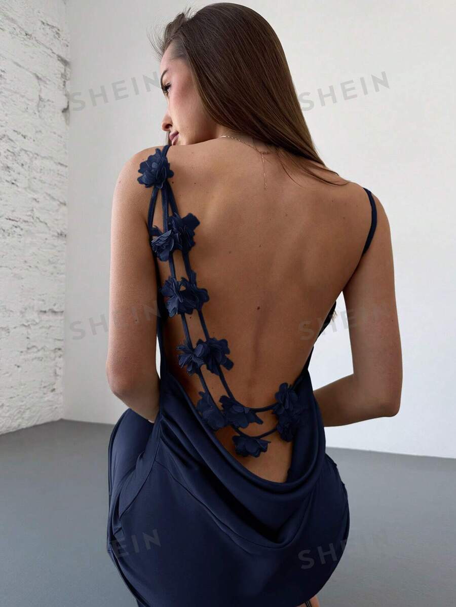 Aloruh Vestido elegante de mujer con escote drapeado, decoración floral 3D y espalda descubierta