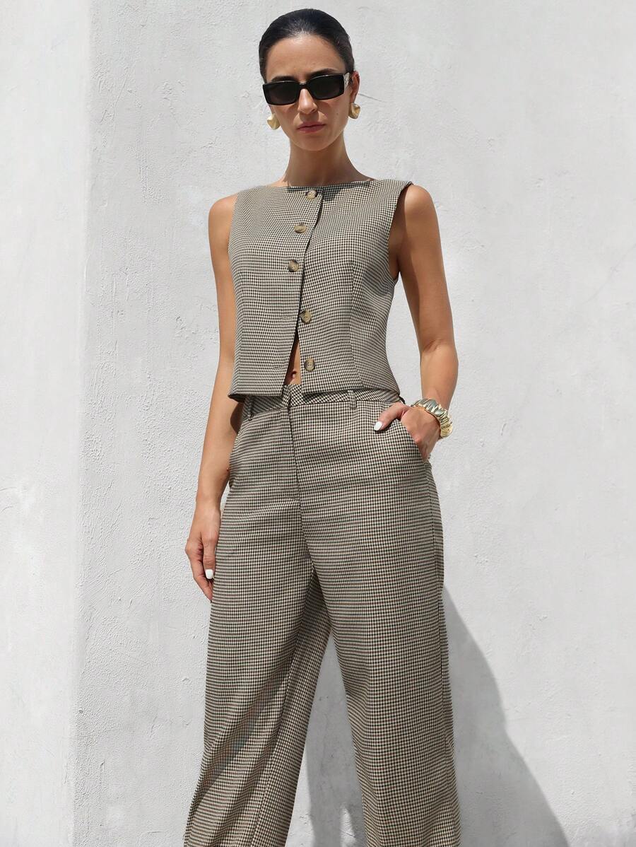 Aveloria Modichic 复古风格两件套：一件格子露肩背心和宽松阔腿裤，优雅的商务休闲装 - 卡其色 - 查看 1