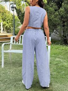 SHEIN EZwear 2pcs/Set Spring/Summer Casual Beige Striped Sleeveless Top And Straight Leg Pants