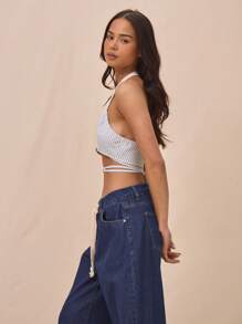 MUSERA Open V-Neck Button Detail Striped Strappy Tie Waist Bralette Spring Summer Vacation Cute Fall