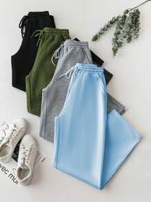 Chiquease 4pcs Women Casual Set: Fleece Sweatshirt With Drawstring, Wide Leg Pants With Contrast Color