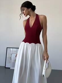 Firerie Women's Elegant Colorblock Halter V-Neck Dress, Suitable For Casual Daily Wear
