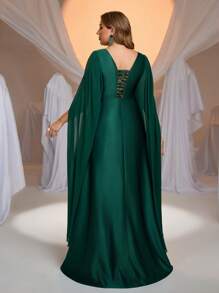 SHEIN Belle Váy dạ hội trang trọng đính đá pha lê cỡ lớn thanh lịch lãng mạn sang trọng màu xanh lá cây voan xếp nếp xòe dài tay chữ A dài chấm đất cổ vuông, váy dự tiệc cưới, váy dự tiệc - màu xanh lá - Xem 2