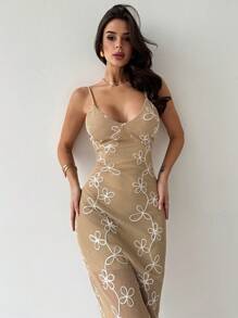 Firerie Vestido largo de verano/primavera, elegante, simple, delicado y romántico, con estampado floral, tejido a ganchillo, corte evasé y escote en V para mujer - Caqui - Ver 6
