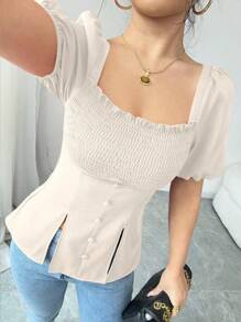 Elenzga 优雅女士泡泡袖衬衫、休闲度假装 - 杏色 - 查看 4