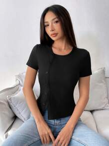 Chiquease 女士纯色短袖罗纹插肩亨利衫