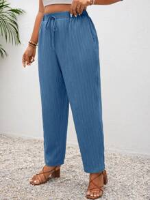 SHEIN Frenchy Pantalones casuales con bolsillos, en un solo color y con nudo, talla grande para vacaciones - Neblina azul - Ver 5