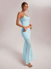 Aloruh 2pcs/Set Women's Spring/Summer Holiday/Wedding Season Lace Asymmetric Hemline Camisole Top And Low Waist Mermaid Ruffled Asymmetrical Hem Skirt - Baby Blue - View 4