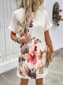 EMERY ROSE 2024年新款杏色墨花印花蝙蝠袖休閒優雅百搭圓領夏季連衣裙