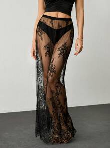 SHEIN Tall Y2K Women's Black Summer Fashion Sexy See-Through Lace Extra Long Versatile Skirt