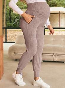 SHEIN Women's Dusty Pink Knitted Maternity Pants: Comfortable And Stylish Full Length Casual Pregnancy Trousers With Pockets - Dusty Pink - View 6