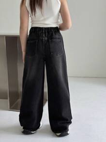 Tween Girls Fashion Rhinestone Starry Sky Washed Black Denim Jeans - Black - View 2