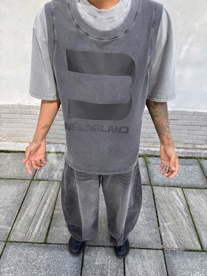 NEON BLANC Men's Street Fashion Knitted 2 In 1 Black & Grey Printed Round Neck T-Shirt