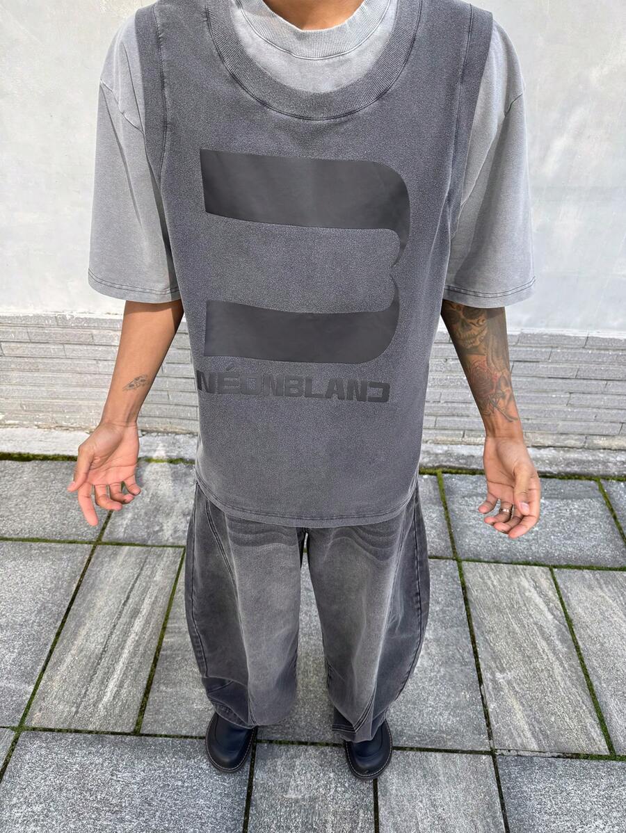 NEON BLANC Men's Street Fashion Knitted 2 In 1 Black & Grey Printed Round Neck T-Shirt - Black - View 1