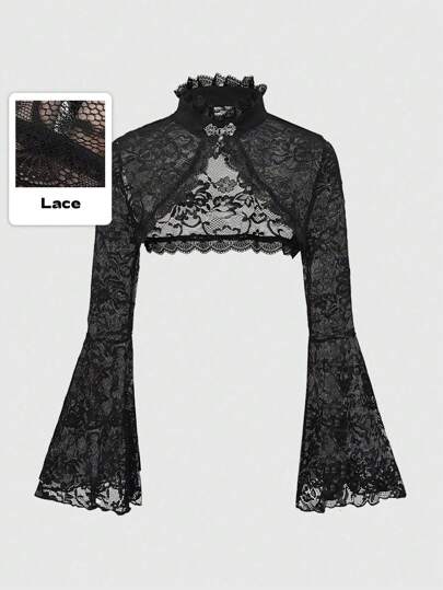 Goth Blusa de talla grande con panel de encaje, abertura frontal y mangas acampanadas estilo gótico