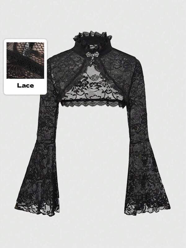 ROMWE Goth Plus Size Gothic Lace Panel Open Front Top With Flare Sleeves