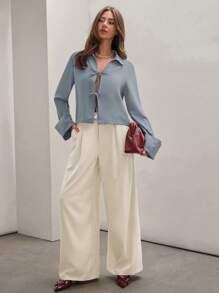 COSMINA Camisa de trabajo casual de uso diario de manga larga con nudo delantero de color caqui liso, estilo minimalista para mujer