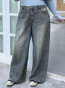 Dazy Plus Plus Size Washed Distressed Loose Relaxed Wide Leg Long Denim Jeans,Baggy Jeans