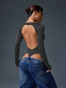 Slayoga Damski jednokolorowy kombinezon z długim rękawem i odkrytymi plecami, z okrągłym dekoltem