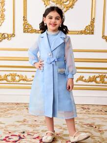 SHEIN 2pcs/Set Young Girl Elegant Lapel Collar Long Sleeve Belted Jacket & Sleeveless Dress Set - Blue - View 6