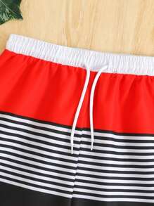 Tween Boy Stripe Patchwork Solid Colored Beach Shorts, Woven Fabric With Nylon Drawstring Waist