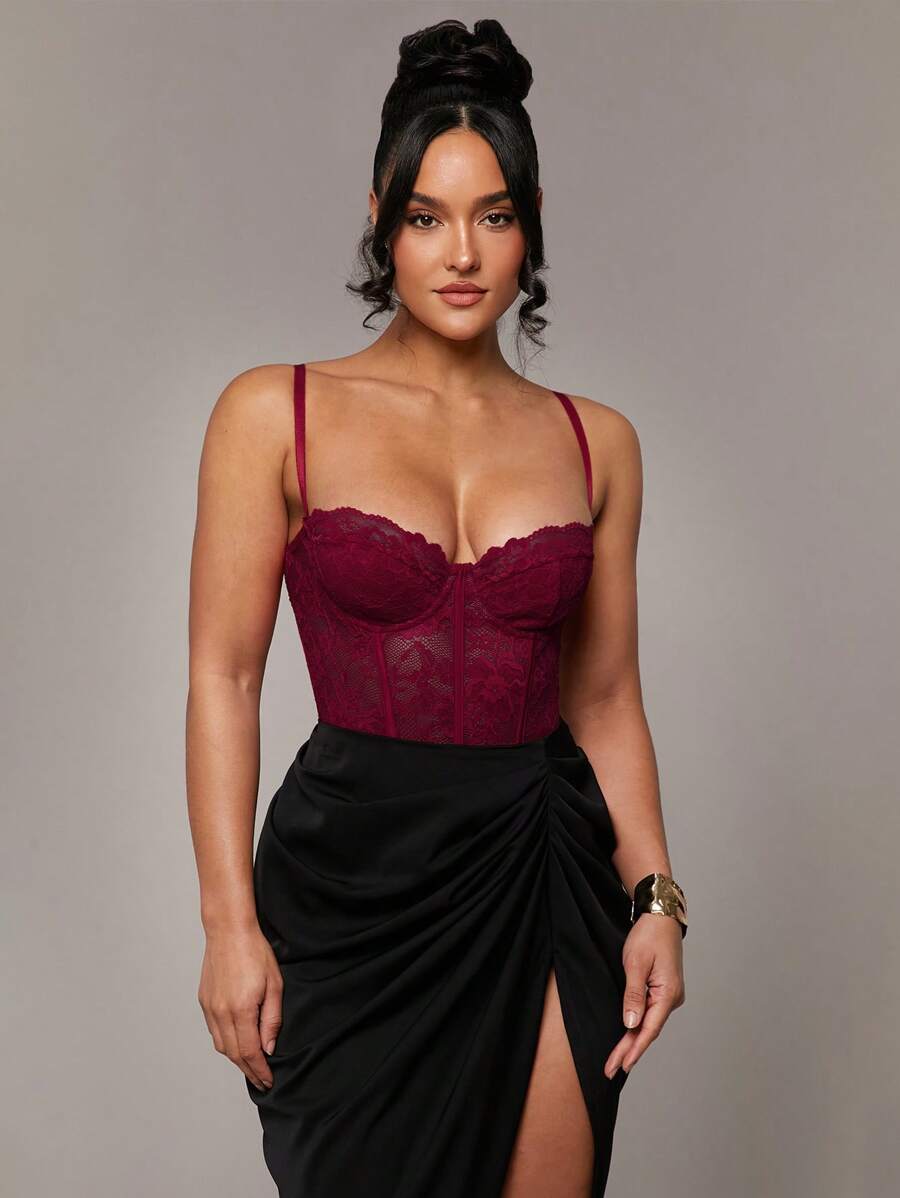 Silquee 红色性感蕾丝泰迪内衣 - 蕾丝拼布细肩带迷人透视长袖吊带背心，适合日常穿着、约会、夜间外出 - 酒紅色 - 查看 1