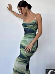 Firerie 女式夏季优雅度假性感渐变扎染 V 领露背蕾丝覆盖紧身中长吊带连衣裙