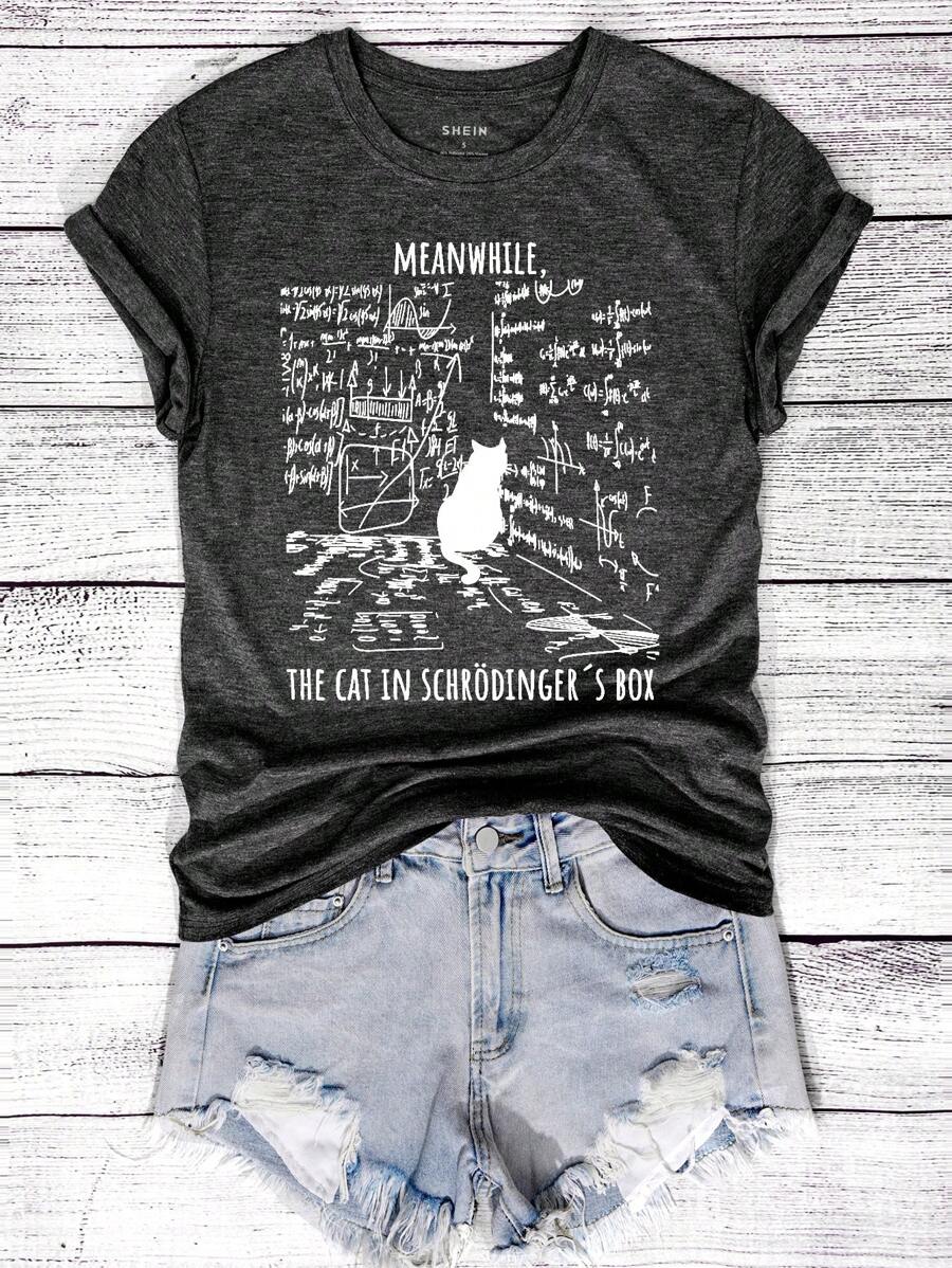 INAWLY Funny Schrodinger's Cat Mathematical Formula Pattern Women Round Neck Short Sleeve T-Shirt - Dark Grey - View 1