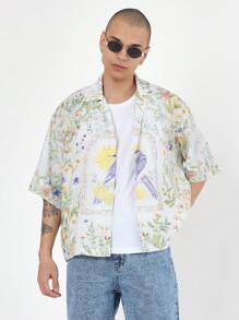 SUMWON Camisa con botones de estilo tropical con estampado de flores y aves, manga corta, para usar en vacaciones de playa, festivales y resort - Multicolor - Ver 2