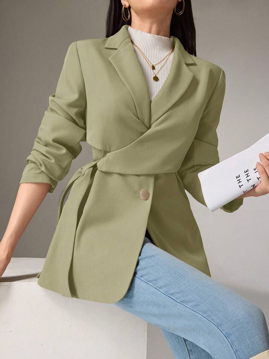 Heiryn Women Solid Color Lapel Long Sleeve Side Knot Blazer Back To School In Fall/Winter - Olive Green - View 1