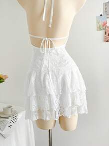 Soleia Vestido corto de mujer con escote en V y lazo en el cuello, diseño de espalda de encaje, ideal para la playa y vacaciones de verano románticas - Blanco - Ver 7