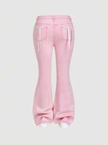 SHEIN MOD Plus Size Women's Pink Jeans Romantic Bell Bottoms Comfortable Stretch Denim Back Bow Summer Jeans  Flared Jeans For Women