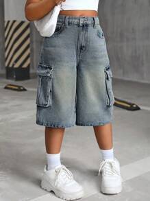 SHEIN Pantalones cortos informales de mezclilla azul vintage para niñas preadolescentes