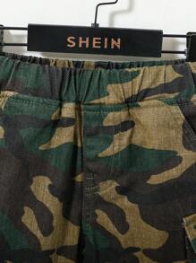 Young Boys Urban Street Cool Kids Camouflage Loose Fit Cargo Jean Shorts, Fully With Elastic Waistband. Front Pockets And Flap Patch Pocket At Sides. Fashionable And Soft, School, Campus, College - Army Green - View 5