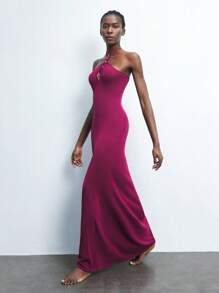 Maija 优雅紫色镂空金属装饰针织长裙，性感度假时尚，适合夏季、圣帕特里克节、春假、复活节