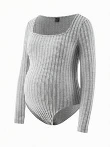 SHEIN 2pcs Grey Rib Bodysuit & Pants Set, ComfyWorkout Set, Tracksuit, Casual Style, Long Sleeve Bodysuit And Wide Leg Pants, Autumn Winter Basic Essential, Baggy Pants, Long Sleeve, Winter Clothes - Grey - View 7