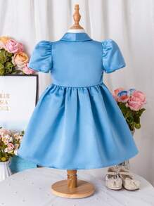 年轻女孩开斋节泡泡袖套装风格收腰蓝色缎面派对礼服，适合聚会、节日、服装 - 藍色 - 查看 2