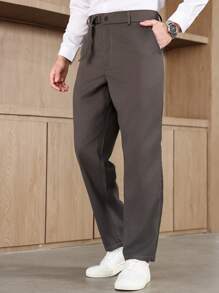 Manfinity Homme Plus Size Men's Solid Color With Pocket Straight Loose Casual Pants - Dark Grey - View 5