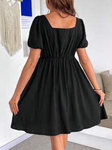 SHEIN Maternity Square Neck Ruched Puff Sleeve Casual Dress - Black - View 2