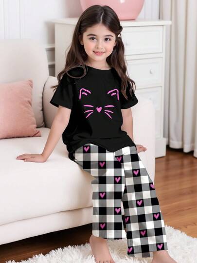SHEIN Tween Girl Casual Minimalist Crew Neck Short Sleeve T-Shirt And Loose Pants Pajama Set, Suitable For Spring/Summer