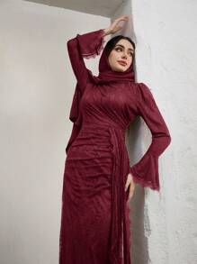 Graceveil Women's Elegant Conservative Luxurious Arabic Style Woven Lace Bell Sleeve Dress - Burgundy - View 6