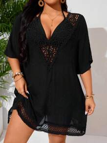 Swim Lushoire 大码女式 V 领花卉拼接性感休闲海滩罩衫 - 黑色 - 查看 1