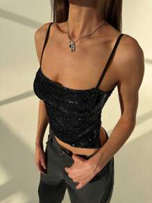 Aloruh Spaghetti Strap Backless Shiny Sequin Sexy Party Tank Top, Burgundy, For Valentine's Day, Christmas Sparkly - Black - View 5