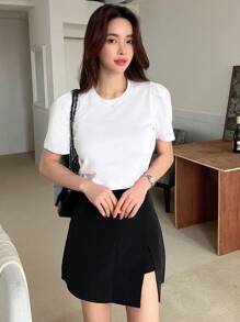 DAZY Puff Sleeve Solid Tee,Crop Tops Women - White - View 8