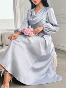 Modelyn 2 件套女士套装：优雅缎面垂坠领衬衫和迷人的高腰半身裙，高端法式风格，百搭 - 淺藍色 - 查看 5